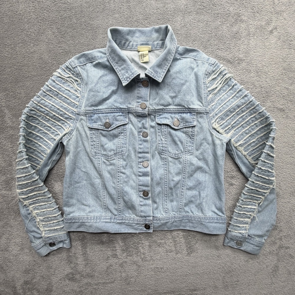 H&M Denim Jacket Womens 10 Blue Distressed Fringe Sleeves Button Front Short